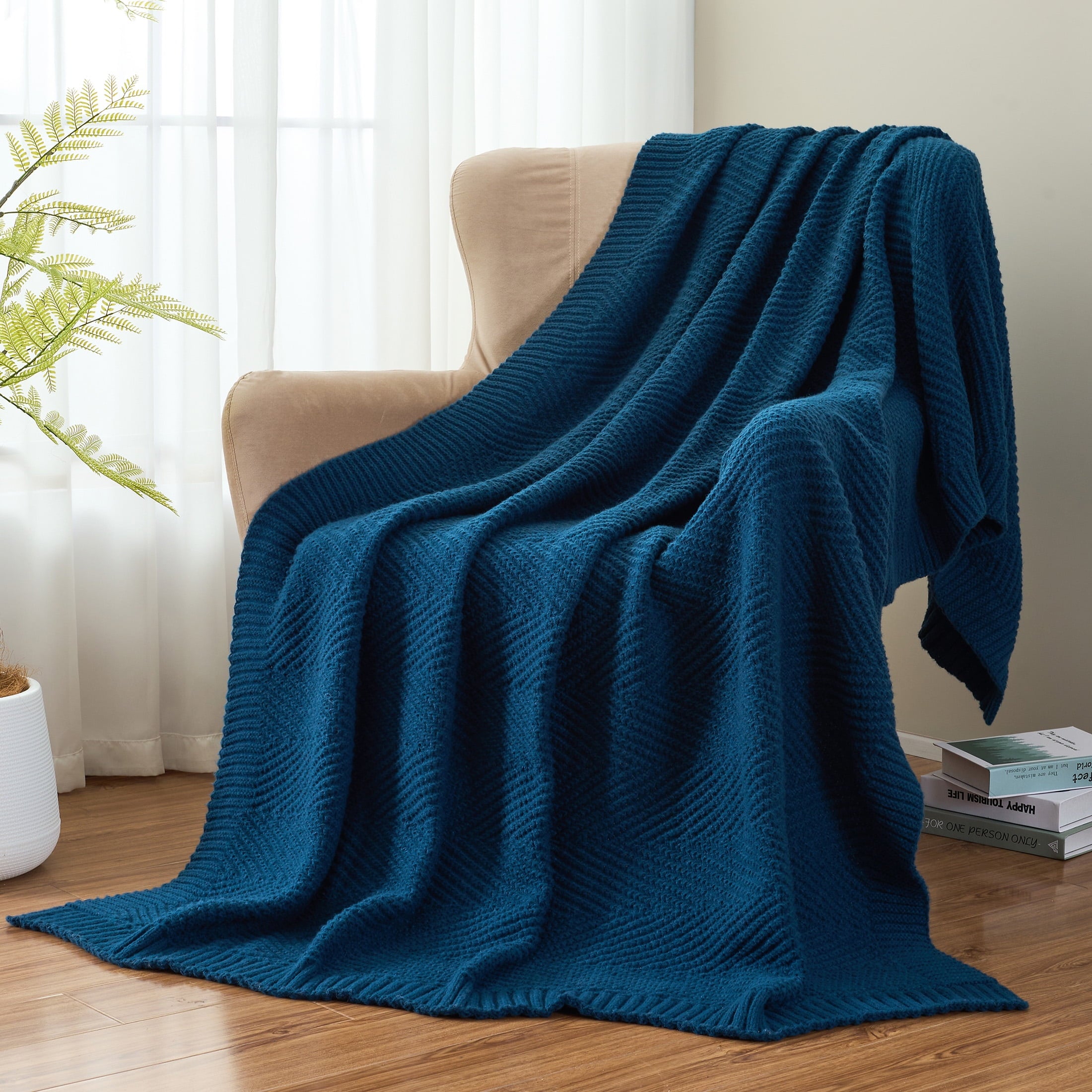 Soft Knitted Throw Blanket 50" x 60" Navy Blue, Boho Chevron Farmhouse Throw for Bed Couch - Image 4
