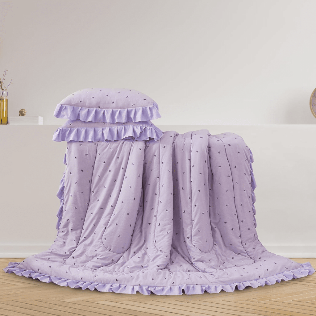 6 Piece Delicate Bows Purple Bedding Set Ruffle Princess Style Comforter Set Bed in a Bag - Image 2