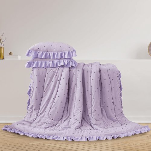 6 Piece Delicate Bows Purple Bedding Set Ruffle Princess Style Comforter Set Bed in a Bag - Image 2