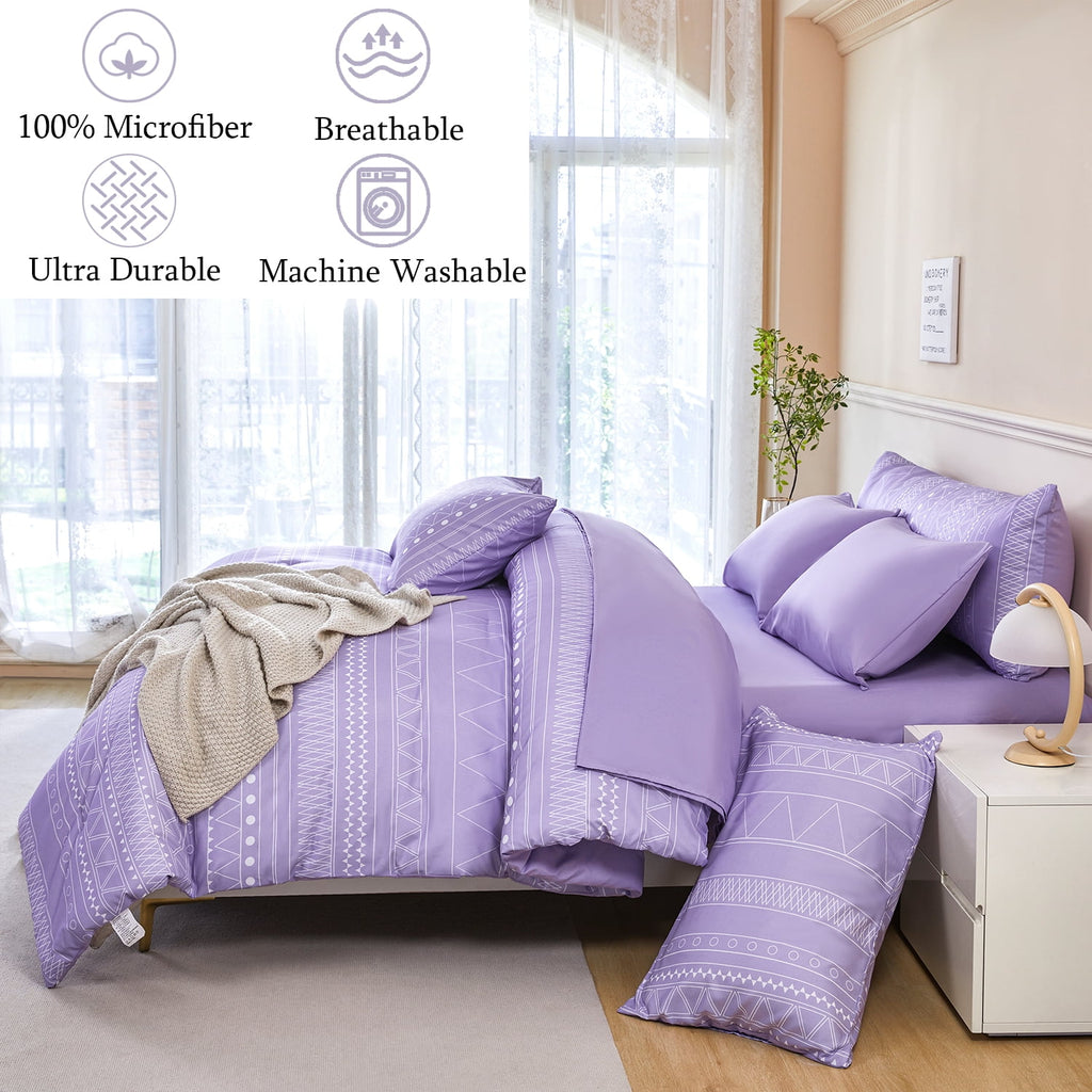 RYNGHIPY 8-Pieces Boho Bedding Set Full Lavender Striped Bed in a Bag for Girls Women Soft Fluffy Purple Comforter Set with Sheet for All Se - Image 6