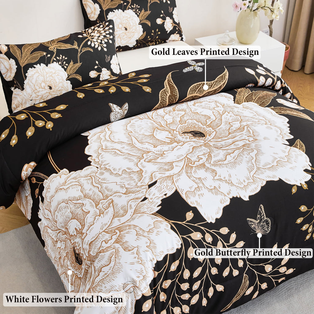 Black Floral Comforter Set Queen, Printed Comforter White Flowers Butterfly Bedding Set, 3 Pieces Botanical Reversibl... - Image 4
