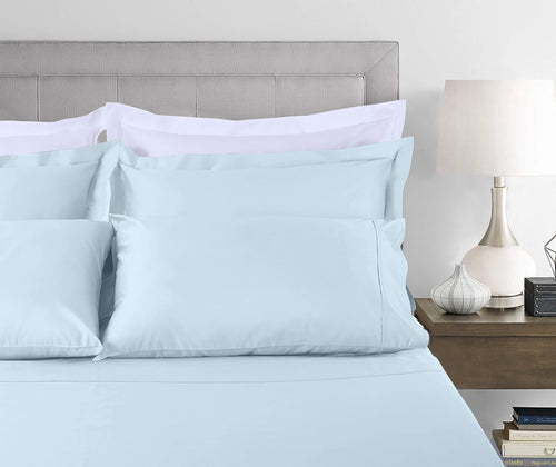100% Cotton King Bed Sheets Set - 4-Piece, 300 Thread Count, Lightweight Sateen, Light Blue - Image 2