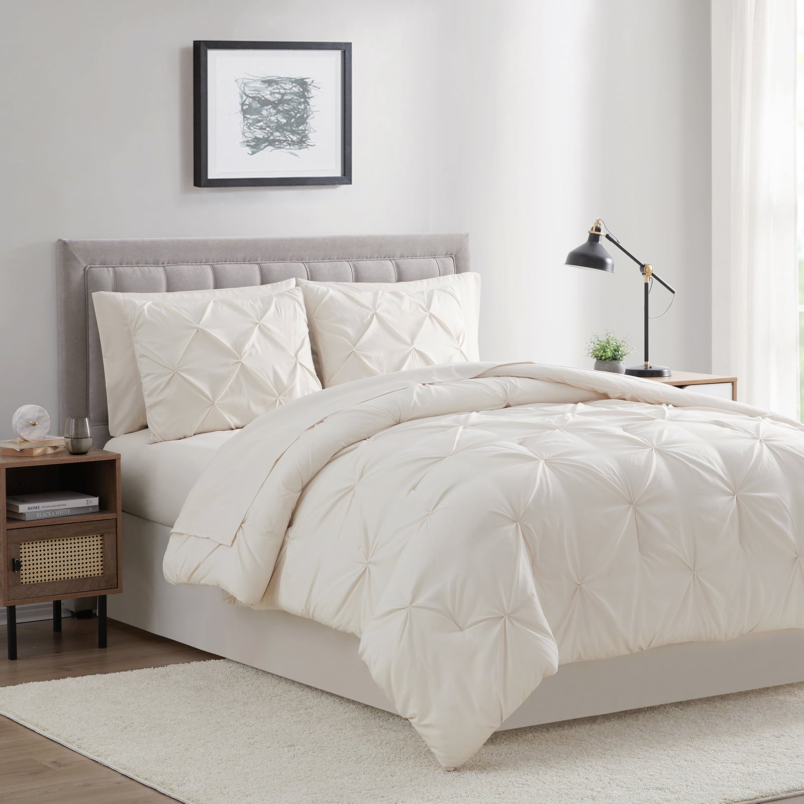 Comforter Set, 3-Piece, Queen, Pleated Wrinkle-Resistant Microfiber Bedding, Ivory, All-Season - Image 2