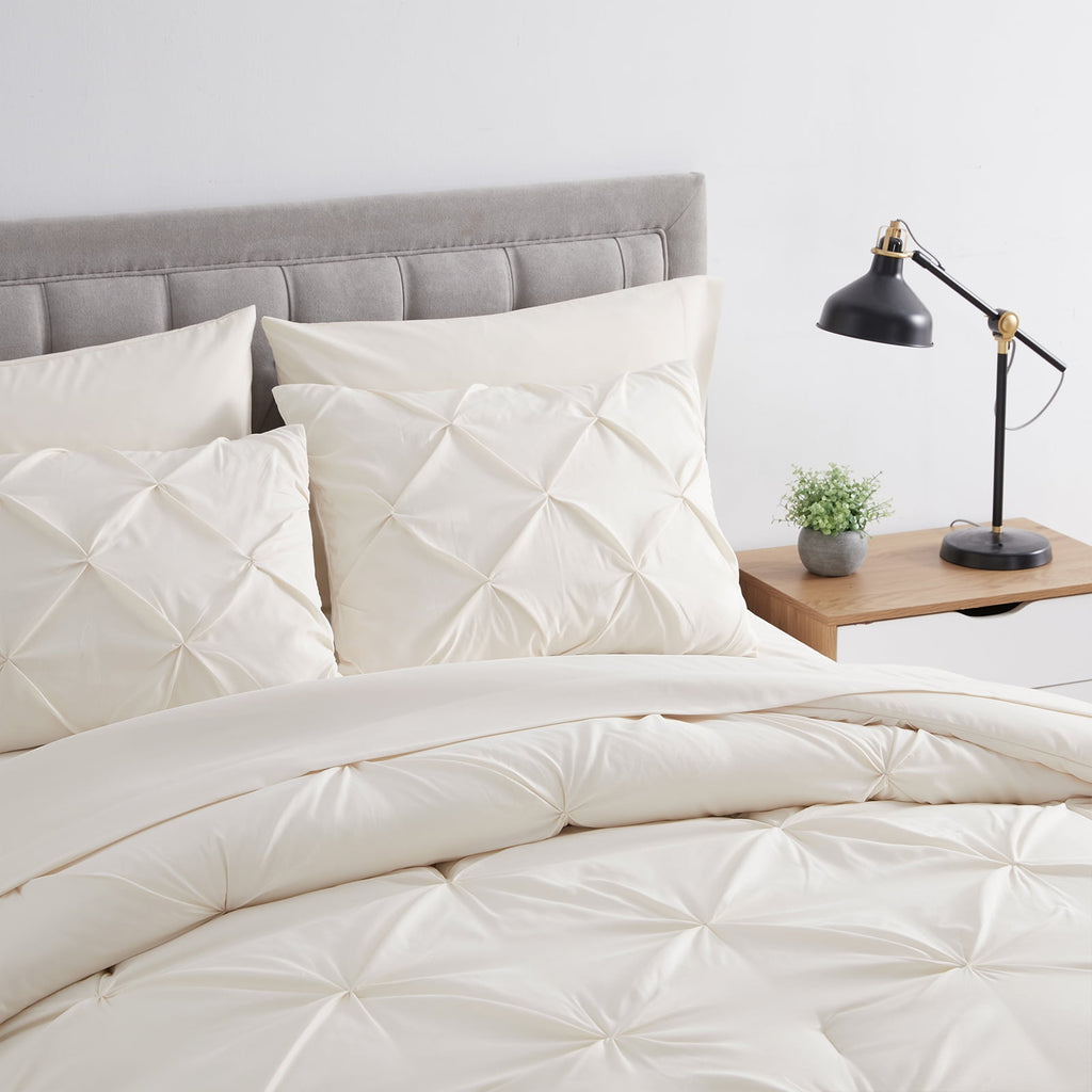 Comforter Set, 3-Piece, Queen, Pleated Wrinkle-Resistant Microfiber Bedding, Ivory, All-Season - Image 4