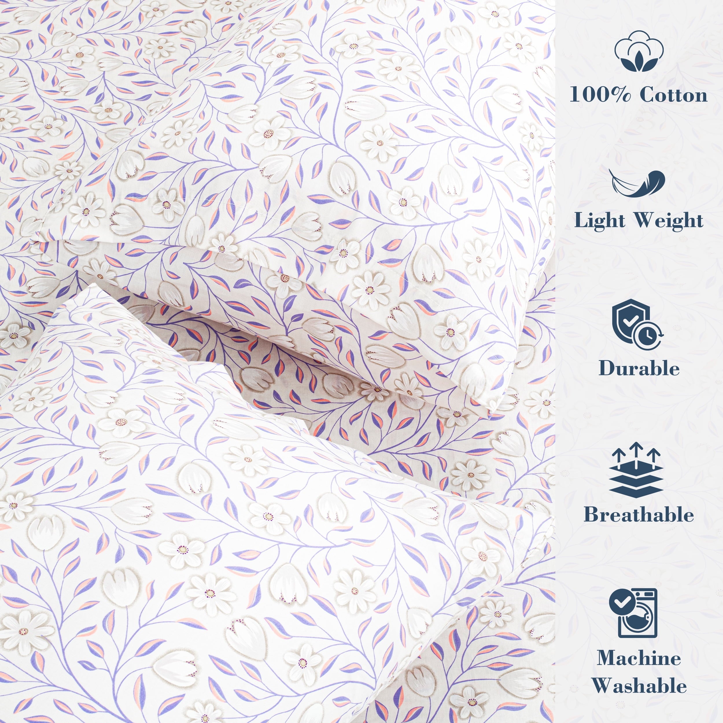 100% Cotton Full Size Sheets,4 Piece Pure Percale Bed Sheets Set Deep Pocket Fits Mattress Upto 15",floral vine pattern - Image 3