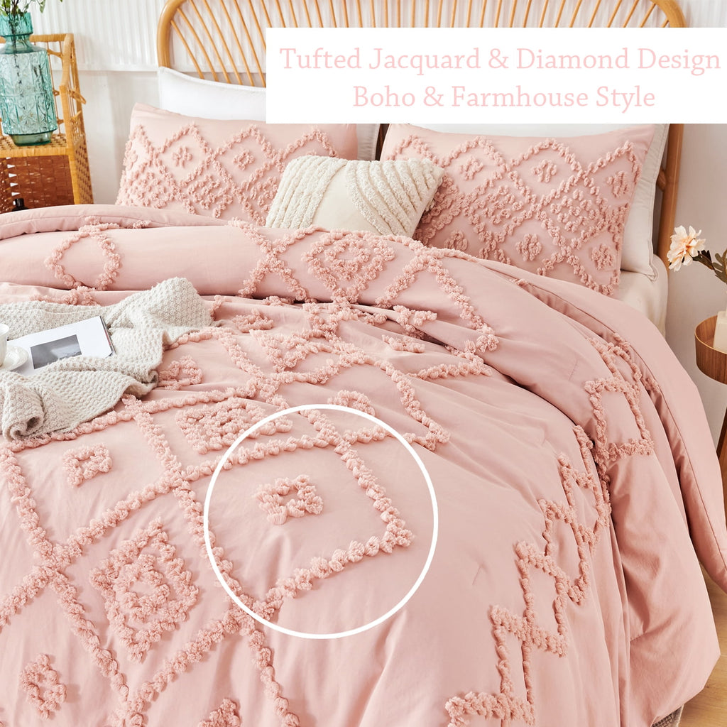 Pink Diamond Jacquard Comforter Set Queen 3 Pcs Bohemian Tufts Quilt Set for Kids Girls Adult 100% Soft Microfiber Be... - Image 6