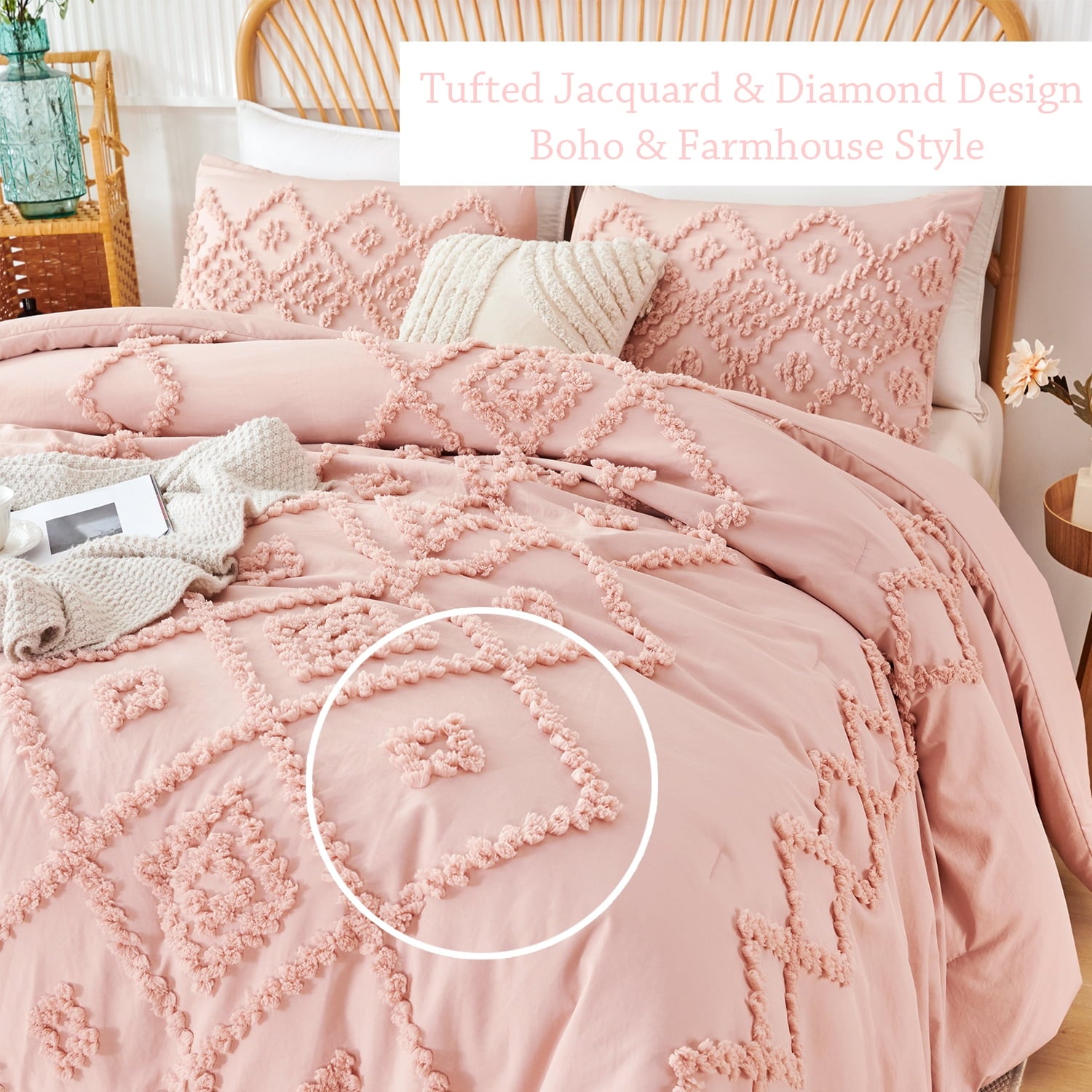 Pink Diamond Jacquard Comforter Set Queen 3 Pcs Bohemian Tufts Quilt Set for Kids Girls Adult 100% Soft Microfiber Be... - Image 6