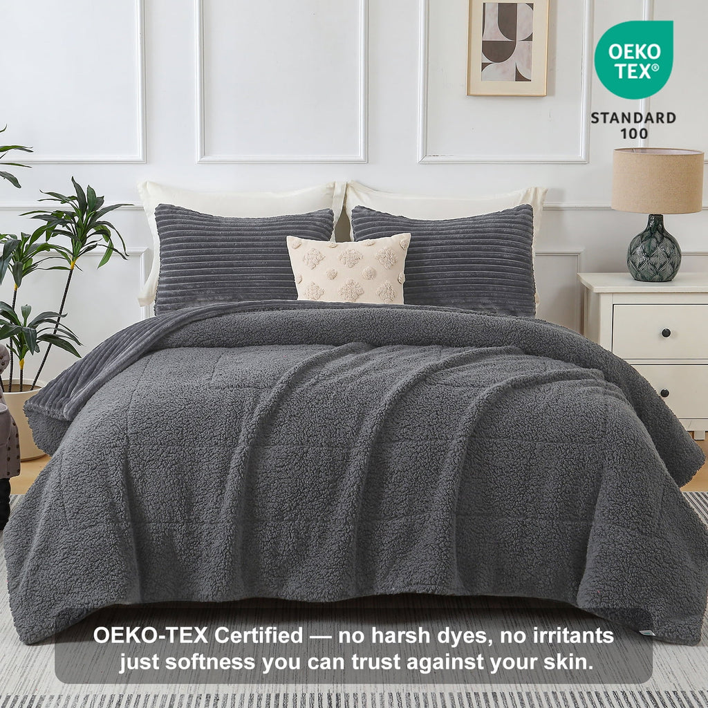 Jessy Home 3 Piece Fleece Queen Comforter Set - Soft & Warm Fluffy Dark Gray Sherpa Bedding , Fuzzy Heavy Double Sided Design Winter Comfort - Image 3
