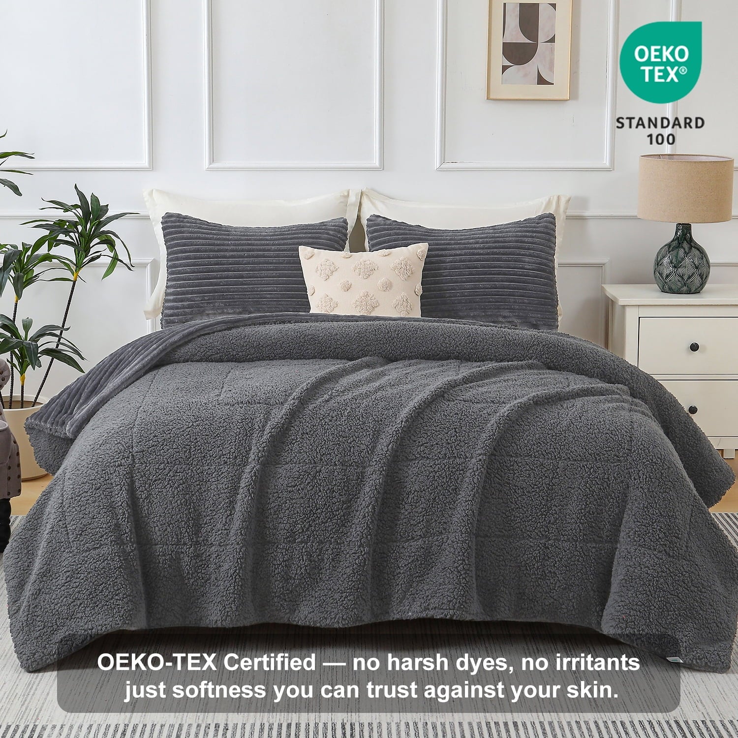 Jessy Home 3 Piece Fleece Queen Comforter Set - Soft & Warm Fluffy Dark Gray Sherpa Bedding , Fuzzy Heavy Double Sided Design Winter Comfort - Image 3