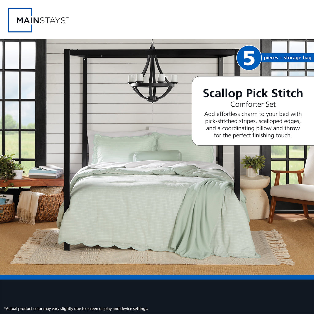 Mainstays Full/Queen Comforter Set, All-Season, 5-Piece, Sage Pick Stitch Scallop - Image 6