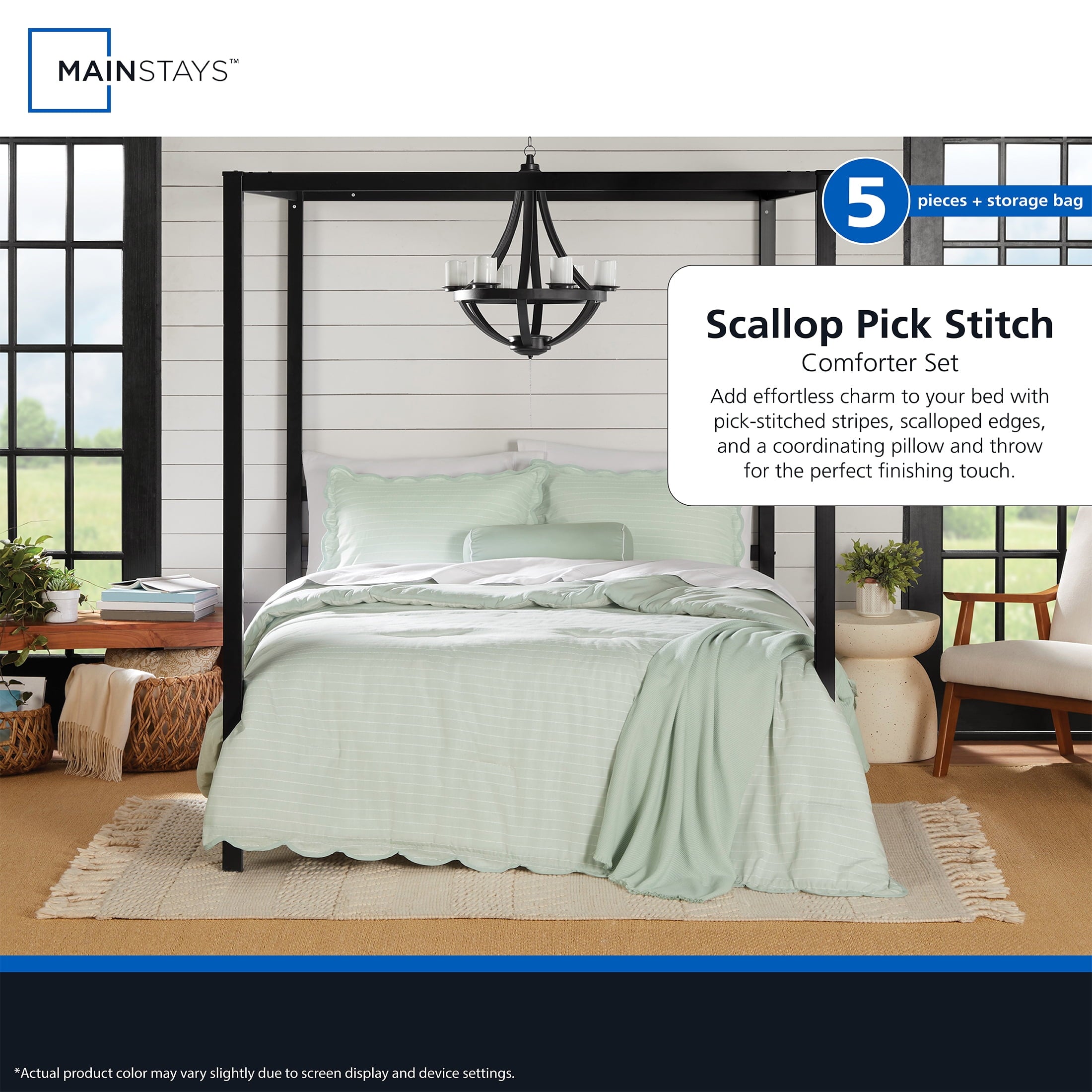 Mainstays Full/Queen Comforter Set, All-Season, 5-Piece, Sage Pick Stitch Scallop - Image 6