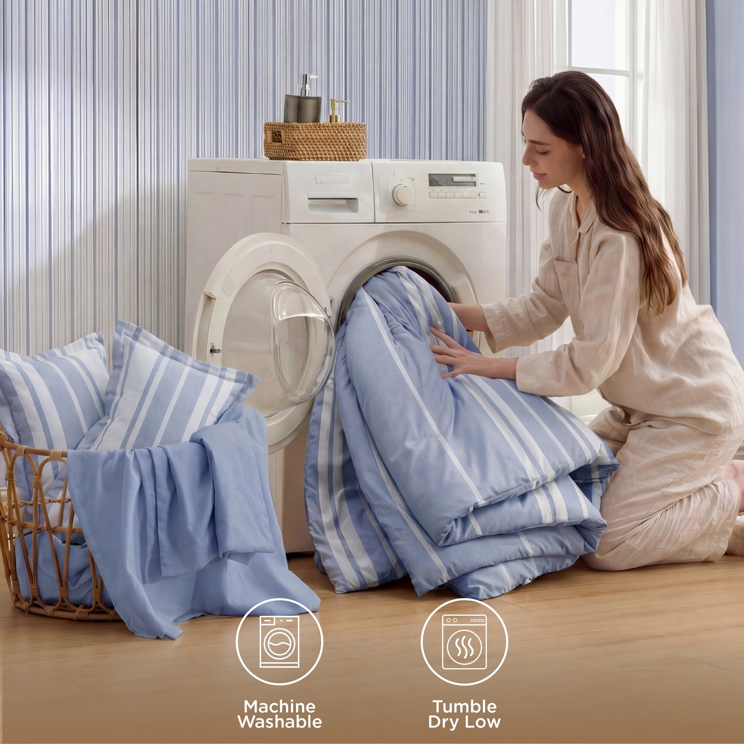 Queen Comforter Set Blue, Bed in a Bag Queen Size Bedding 7-Pieces, Striped Bedding Set for All Seasons - Image 6