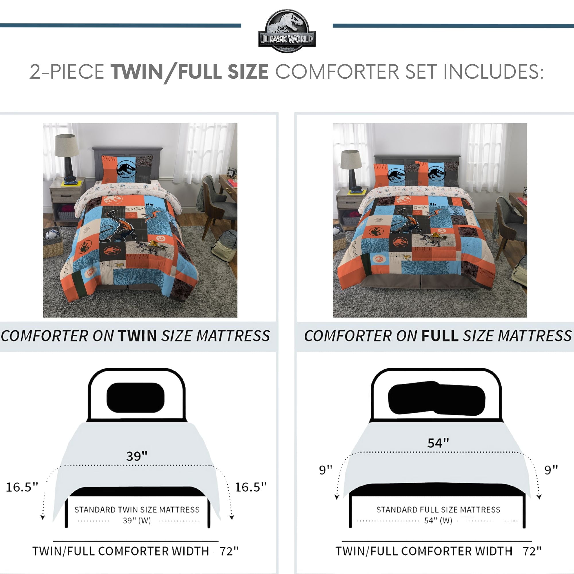 Kids 2 Piece Blue Orange Reversible Dinosaur Comforter and Pillowcase set, Twin/full - Image 6