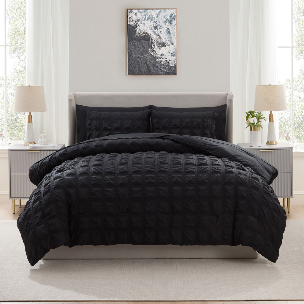 Queen Comforter Set, Seersucker Queen Size Comforter Set, 7-Pc All Season Bedding Comforter Set, Black - Image 3