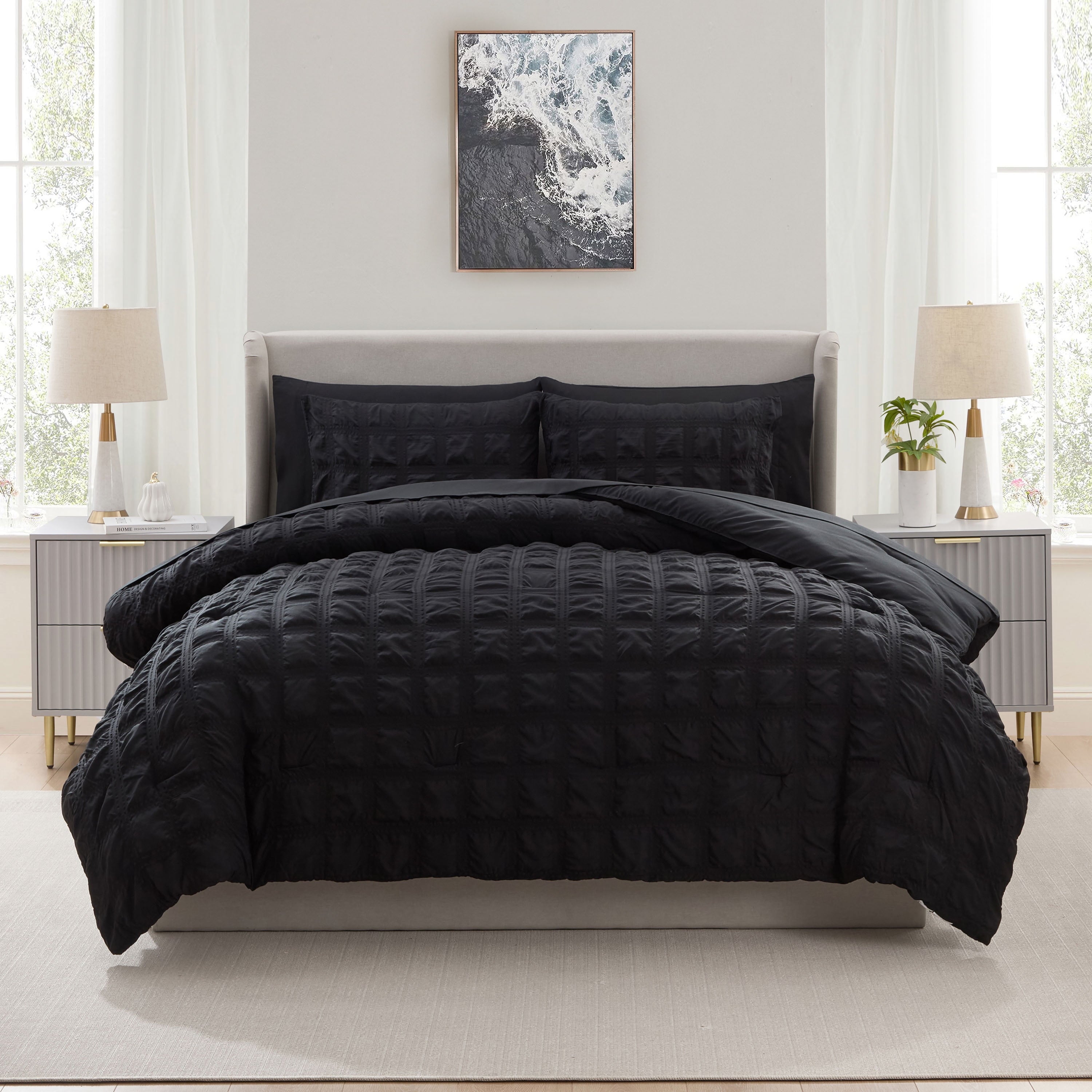Queen Comforter Set, Seersucker Queen Size Comforter Set, 7-Pc All Season Bedding Comforter Set, Black - Image 3