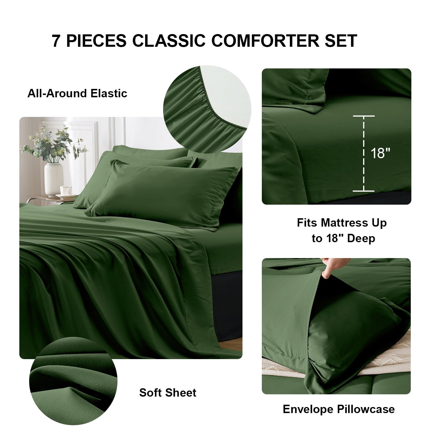 Flymme Queen Comforter Set Forest Green Bed in a Bag Queen Size 7 Pieces Soft Bed Set Lightweight Microfiber Green Bedding Comforter Set wit - Image 6