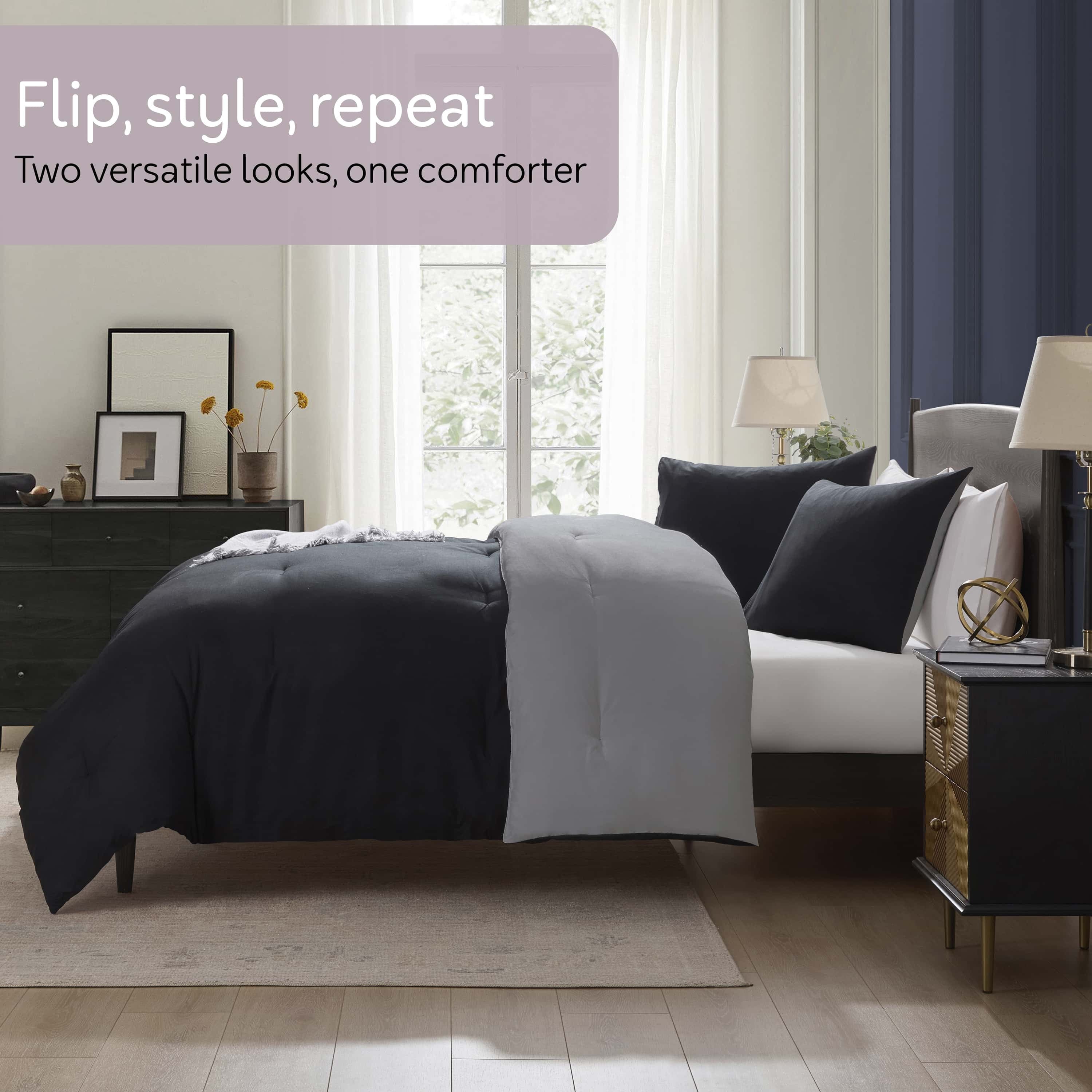 Comforter Sets, All Season Lightweight Reversible Queen Comforter Set, 3-Pc Bedding Sets, Black/Charcoal gray - Image 2