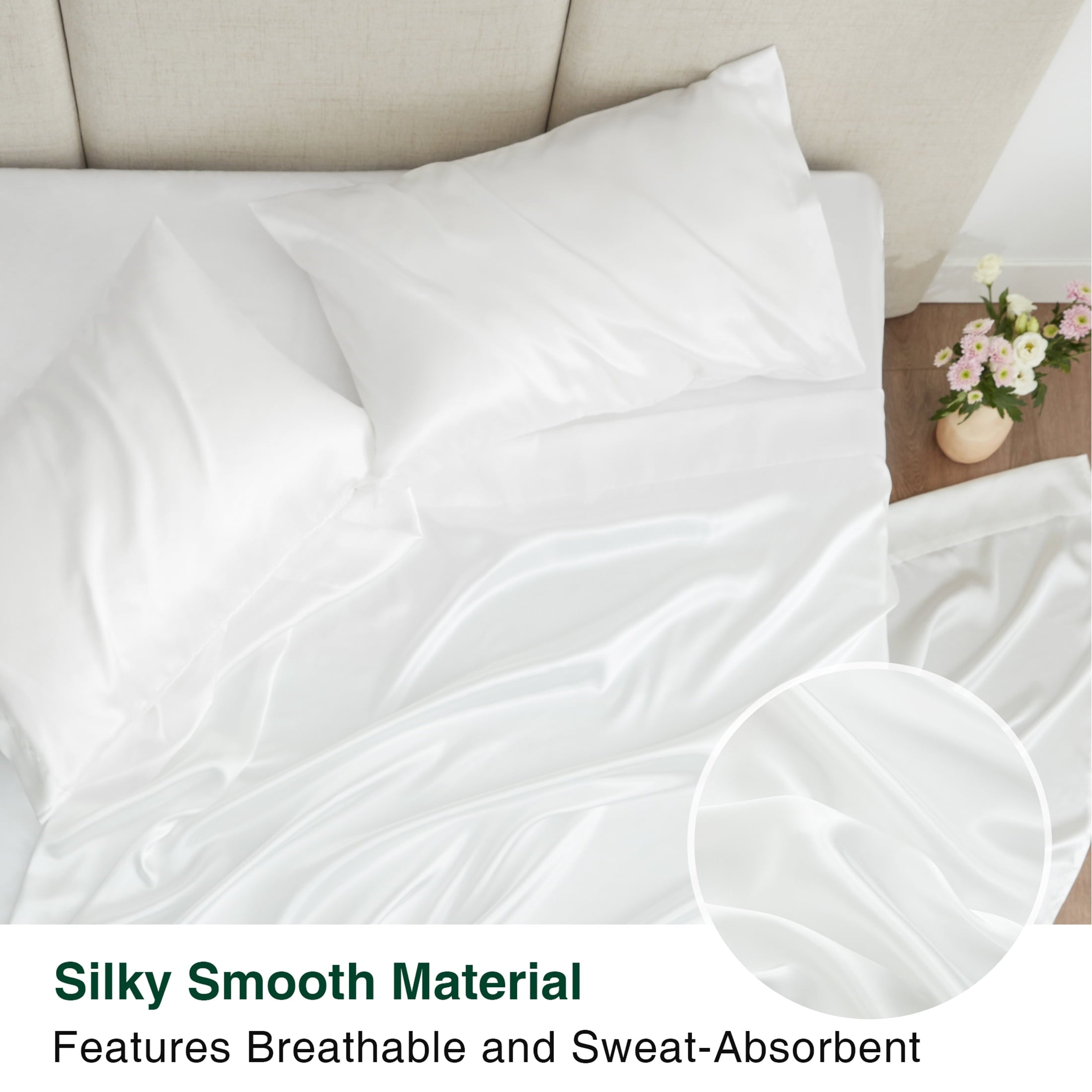 Love's cabin Satin Sheets Full Sheet Set Deep Pocket Luxury Silky Bed Sheets for Hair and Skin 4 Pieces, White - Image 3