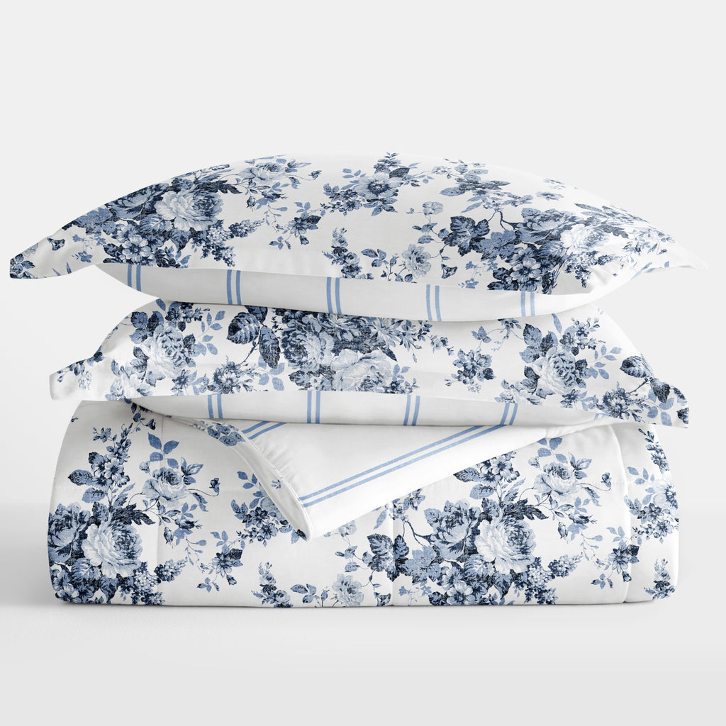 Noble Linens Down Alternative Cabbage Rose Stripe Stone Reversible Comforter Set - Image 6
