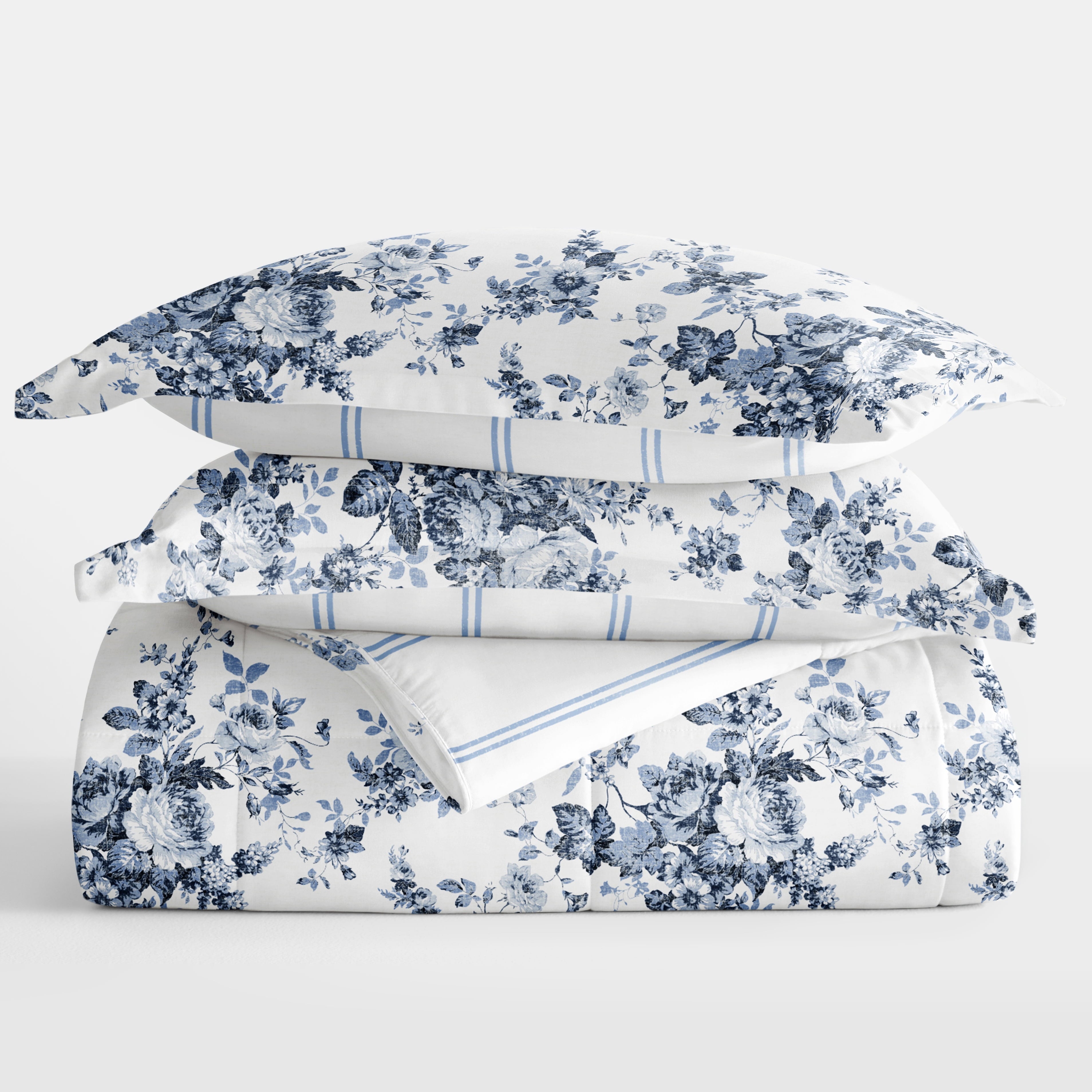 Noble Linens Down Alternative Cabbage Rose Stripe Stone Reversible Comforter Set - Image 6