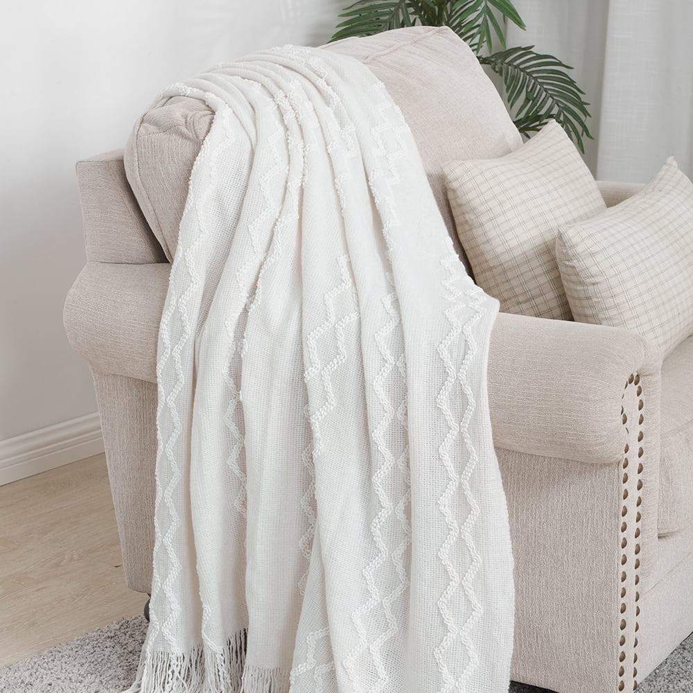 Fluffy Chenille Knitted Fringe Throw Blanket, Lightweight Soft Cozy Bed Sofa Chair Blanket, White, 50" x 60" - Image 5