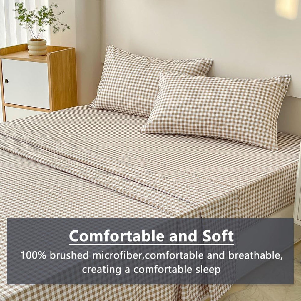 Sheet Set, Soft Brushed Microfiber Taupe Plaid Sheets, 4-Piece Brown Grid Set with Deep Pocket - Image 6