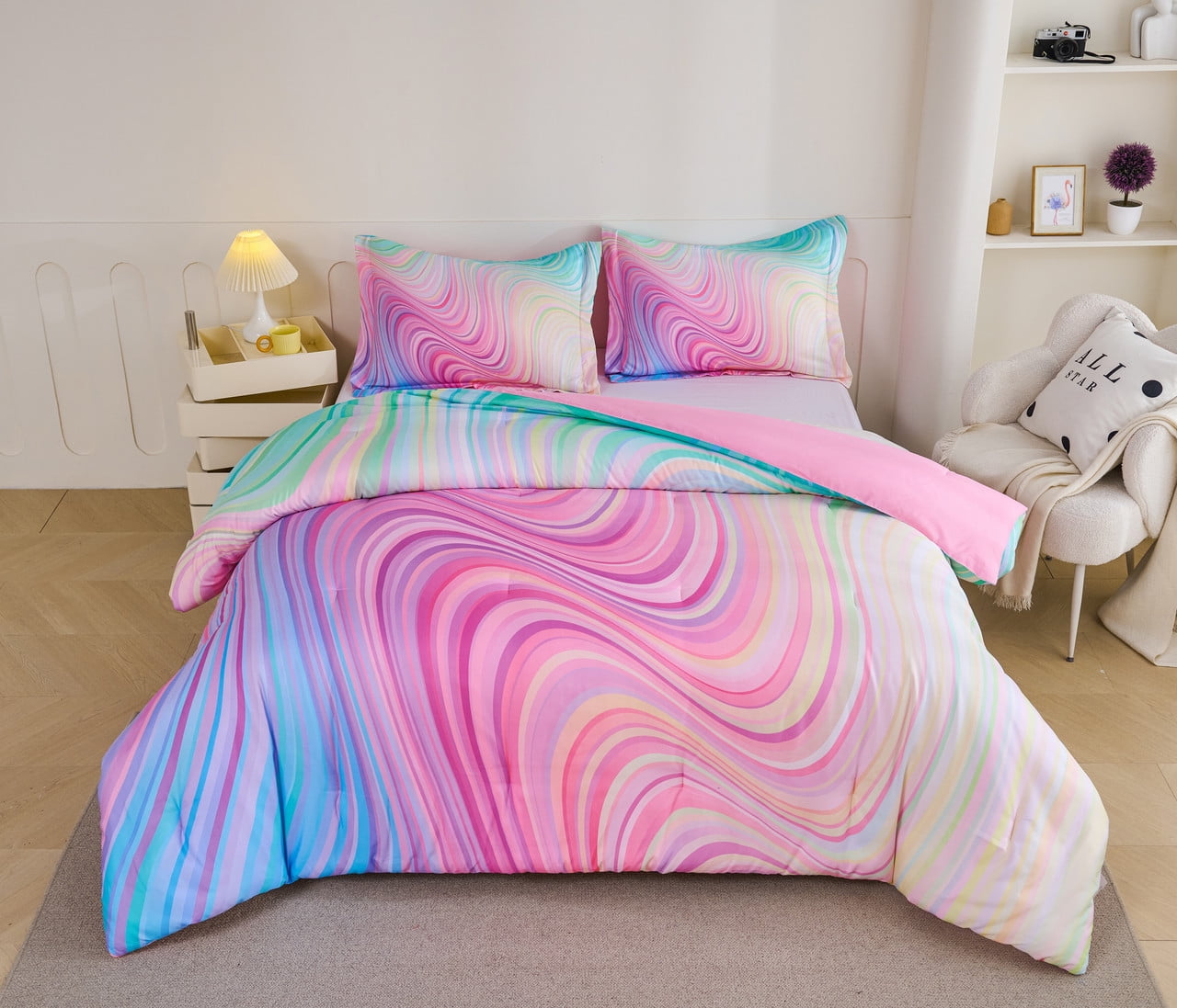 Koniroom 3-Piece Abstract Tie Dye Comforter Set, Blue Pink Purple, Kids Bedding Set for Girls Full/Queen Size - Image 3
