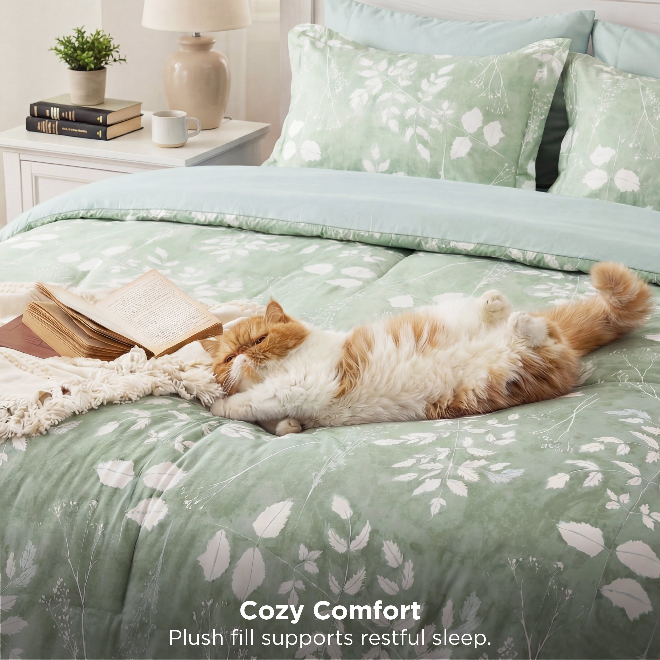 Queen Comforter Set Sage Green, Bed in a Bag Queen Size Bedding, 7-Pieces Botanical Flowers Spring Comforter, Sheets,... - Image 6