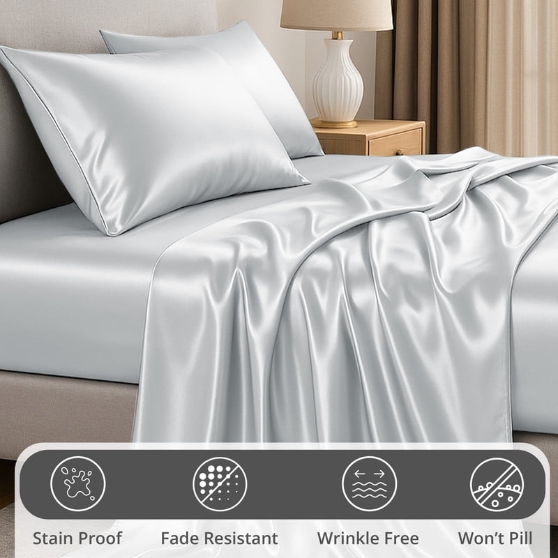 Lux Decor Luxury Satin Sheets King Size - 4 Piece Cooling Bed Sheet Set, Silky Soft & Smooth, Deep Pockets up to 15",... - Image 3