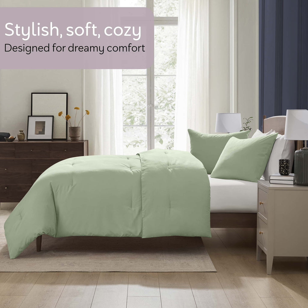 Comforter Sets, All Season Lightweight Solid Queen Comforter Set, 3-Pc Bedding Sets, Sage Green - Image 2