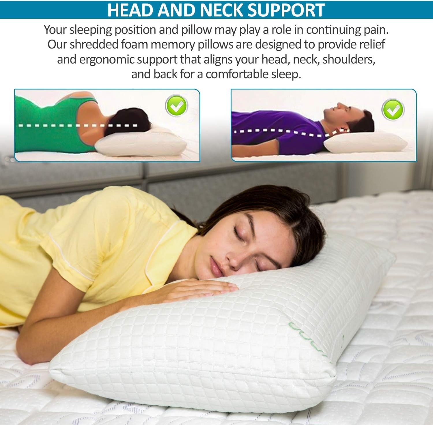 Queen Size Bamboo Pillow, Memory Foam Bed Pillows with Washable Pillowcases, Queen - Image 2