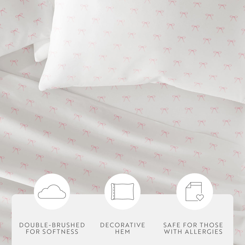 Noble Linens 3 Piece Ditsy Pattern Microfiber Bed Sheets, Pink Bows, Twin-XL - Image 5