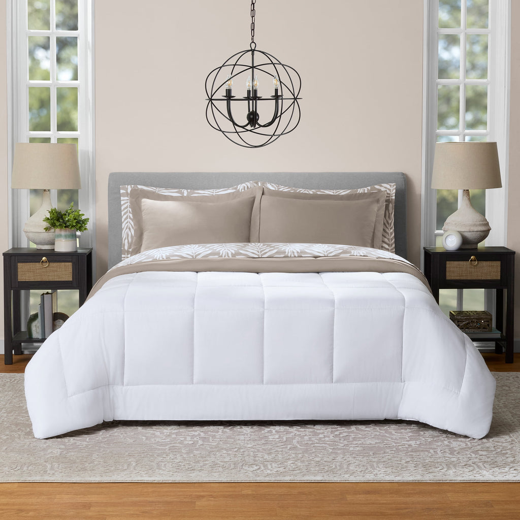 All in One Reversible Comforter and Sheet Set- 7 Piece, Queen, Beige Palm - Image 2