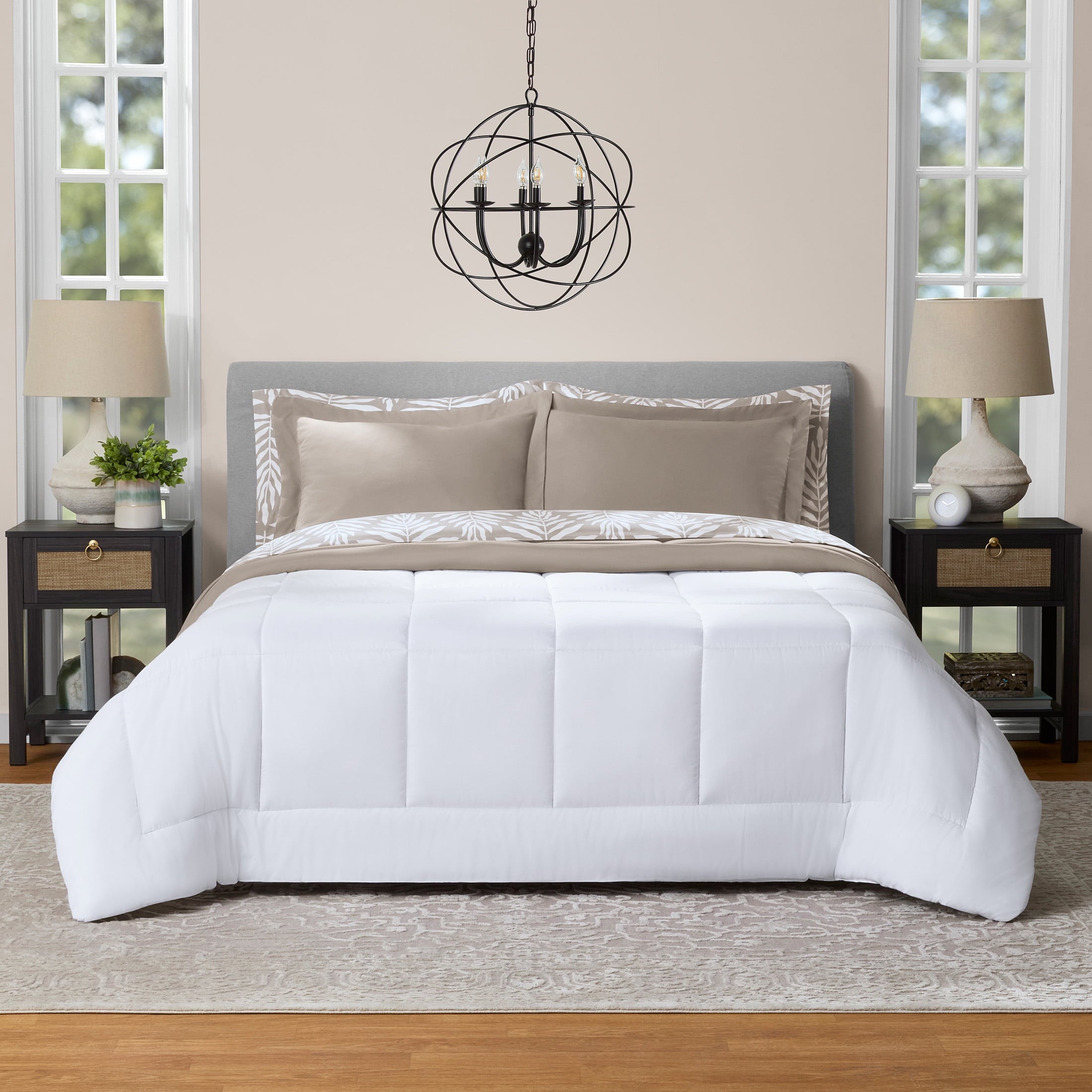 All in One Reversible Comforter and Sheet Set- 7 Piece, Queen, Beige Palm - Image 2