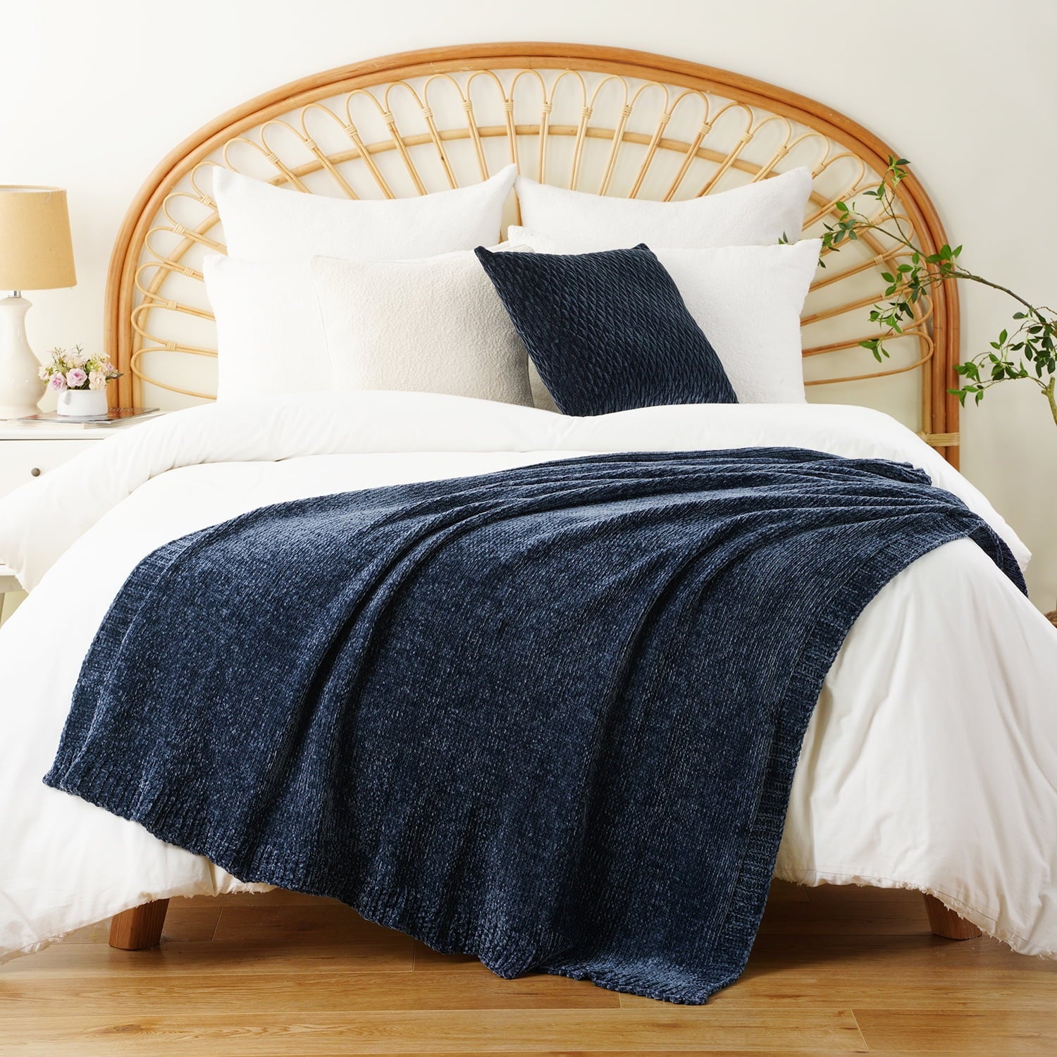 Navy Blue Chenille Throw for Couch Bed,Soft Navy Knit Blanket, Housewarming Gifts, 51"x 67" - Image 3