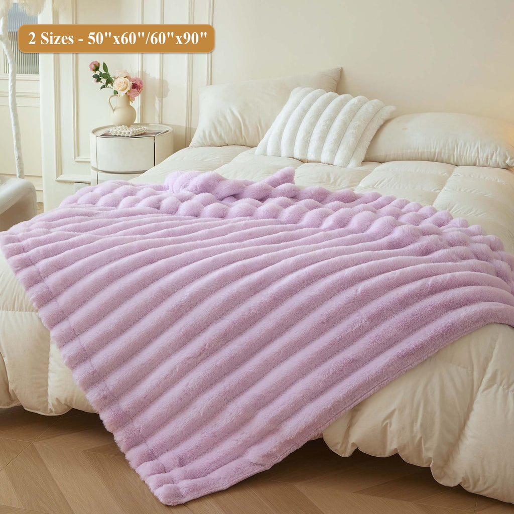 Fluffy Faux Rabbit Fur Throw, Cozy Wide Stripe Plush Fuzzy Blanket for Bed Couch Sofa Chair, Light Purple Shaggy Thro... - Image 2