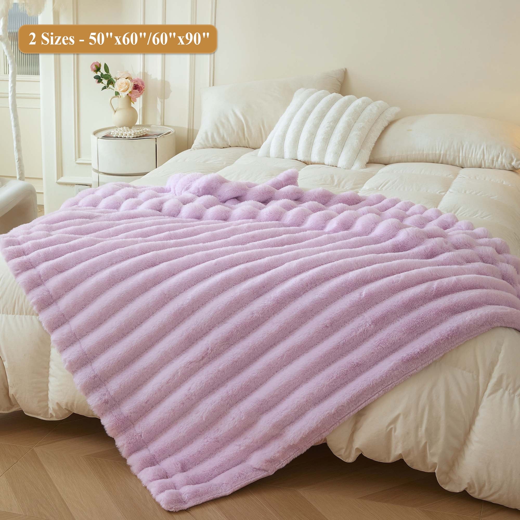 Fluffy Faux Rabbit Fur Throw, Cozy Wide Stripe Plush Fuzzy Blanket for Bed Couch Sofa Chair, Light Purple Shaggy Thro... - Image 2