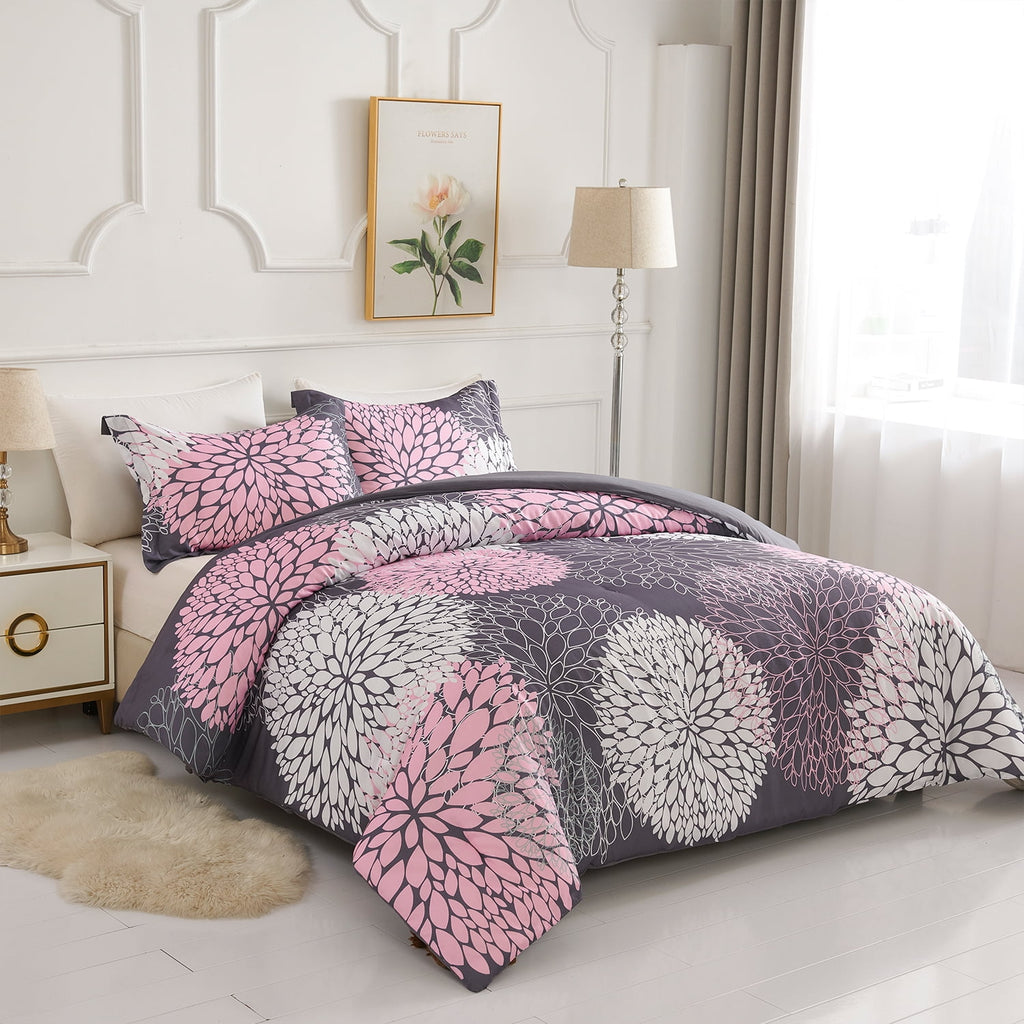 2 Pieces Pink Floral Comforter Set Twin Size, Botanical Bedding Sets with Cute Flowers Printing for Teen Girls - Image 2
