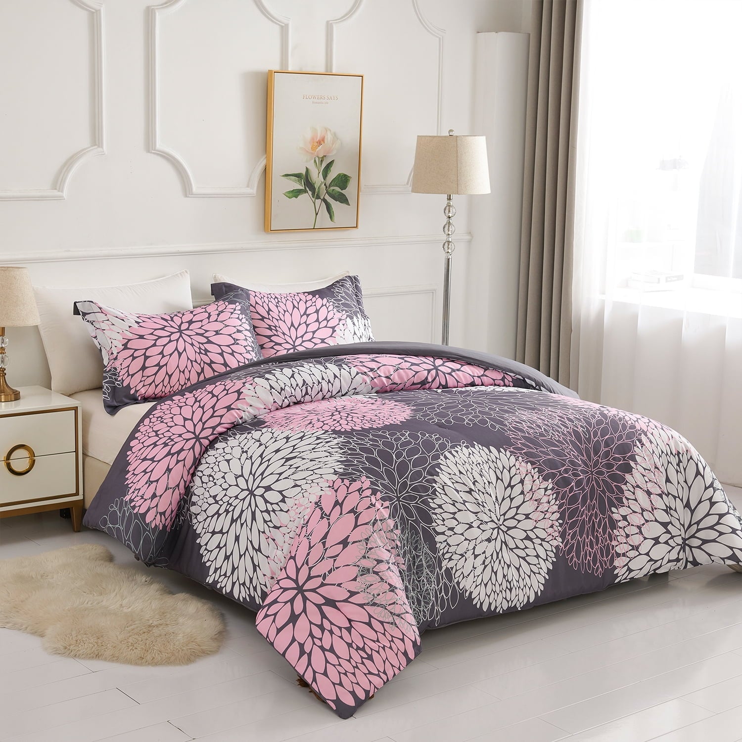 2 Pieces Pink Floral Comforter Set Twin Size, Botanical Bedding Sets with Cute Flowers Printing for Teen Girls - Image 2