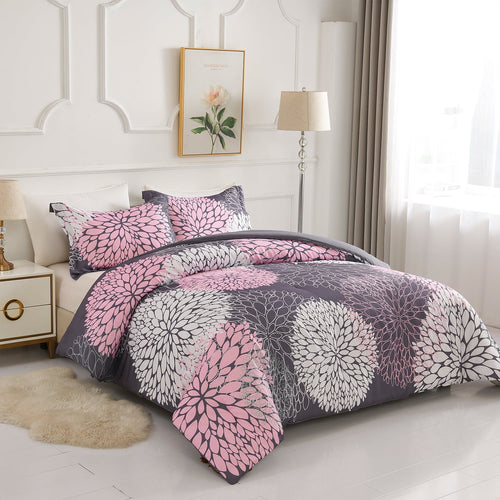 2 Pieces Pink Floral Comforter Set Twin Size, Botanical Bedding Sets with Cute Flowers Printing for Teen Girls - Image 2