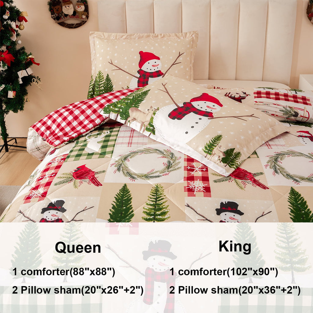 Smuge 3 Pcs Christmas Comforter Set, Bed in a Bag Wreath Snowman Queen/Full Size Xmas Bedding Set Fitted Pillowcases for Adult - Image 2
