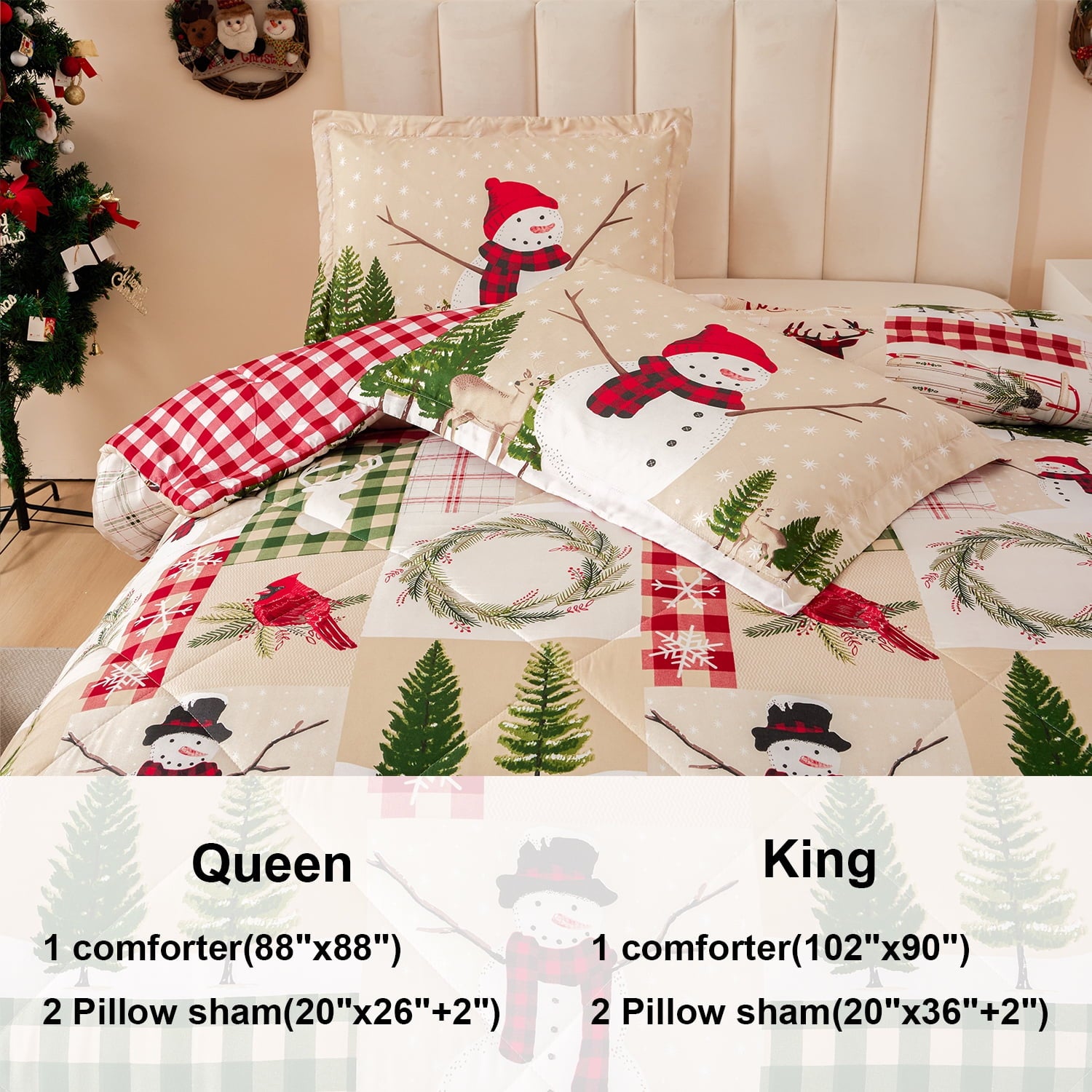 Smuge 3 Pcs Christmas Comforter Set, Bed in a Bag Wreath Snowman Queen/Full Size Xmas Bedding Set Fitted Pillowcases for Adult - Image 2