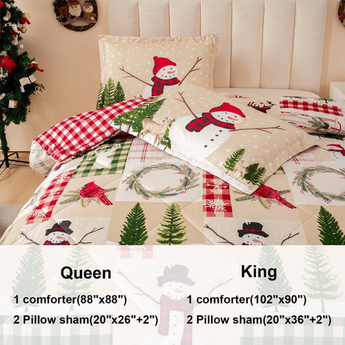 Smuge 3 Pcs Christmas Comforter Set, Bed in a Bag Wreath Snowman Queen/Full Size Xmas Bedding Set Fitted Pillowcases for Adult - Image 2