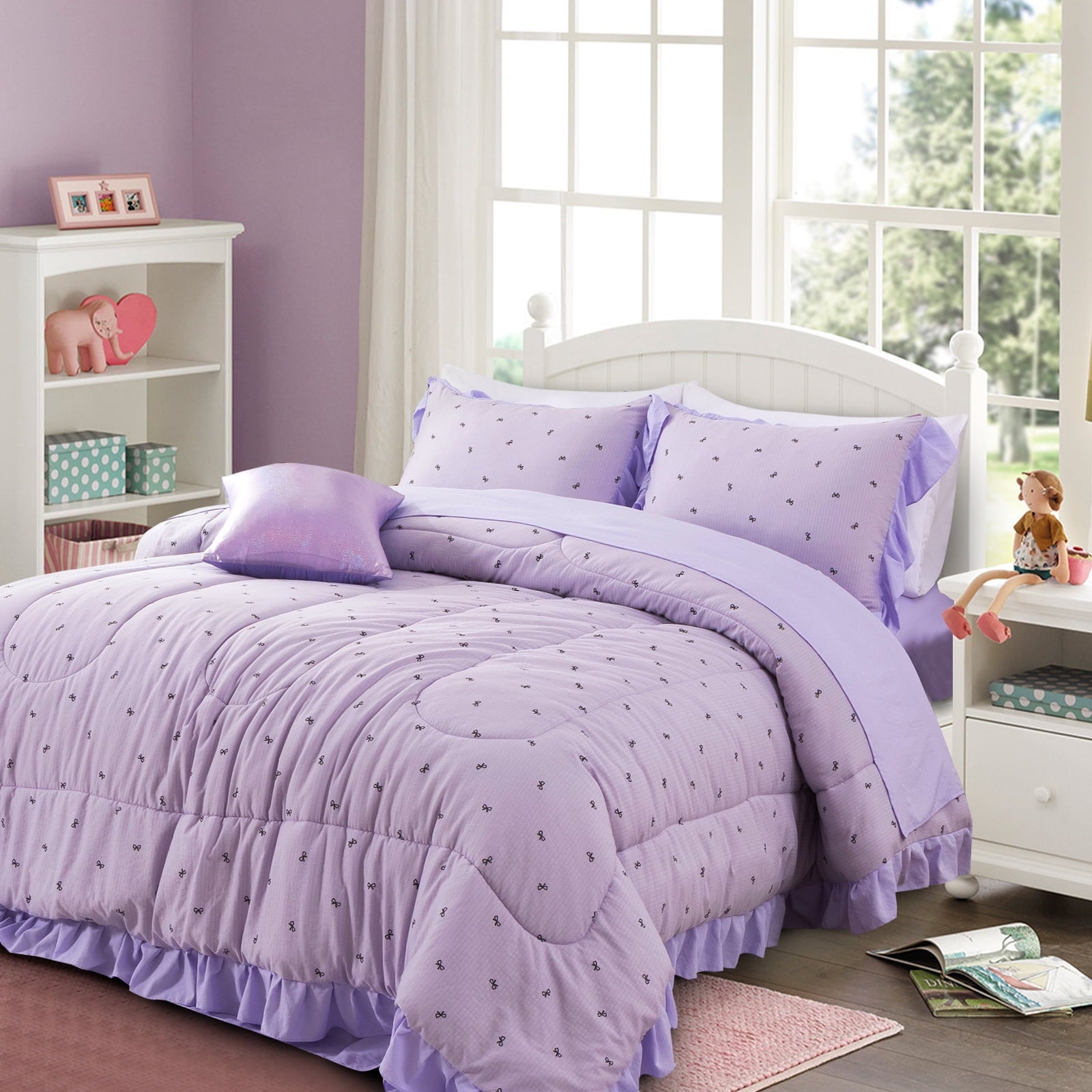 6 Piece Delicate Bows Purple Bedding Set Ruffle Princess Style Comforter Set Bed in a Bag - Image 5