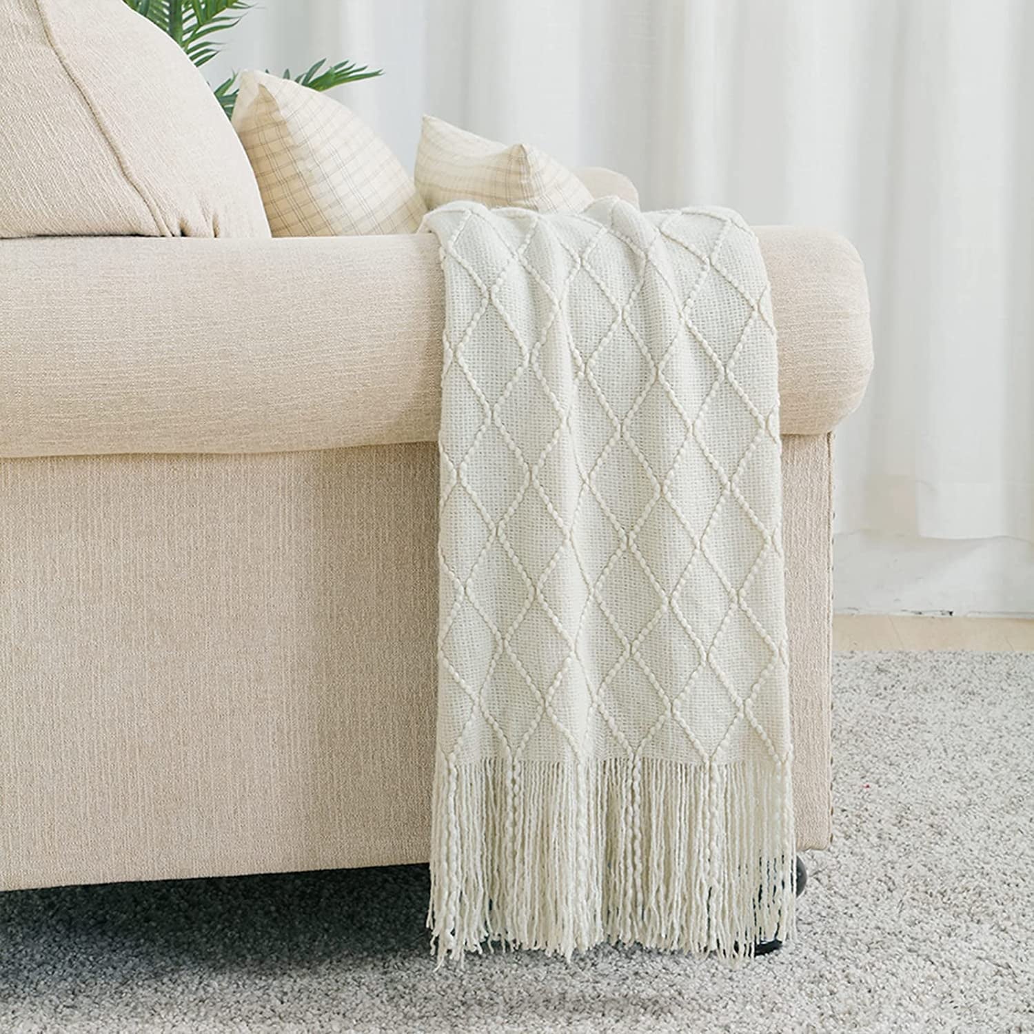 Bourina Rhombus Beige Throw Blanket, Soft and Lightweight, 50"x 60" - Image 6