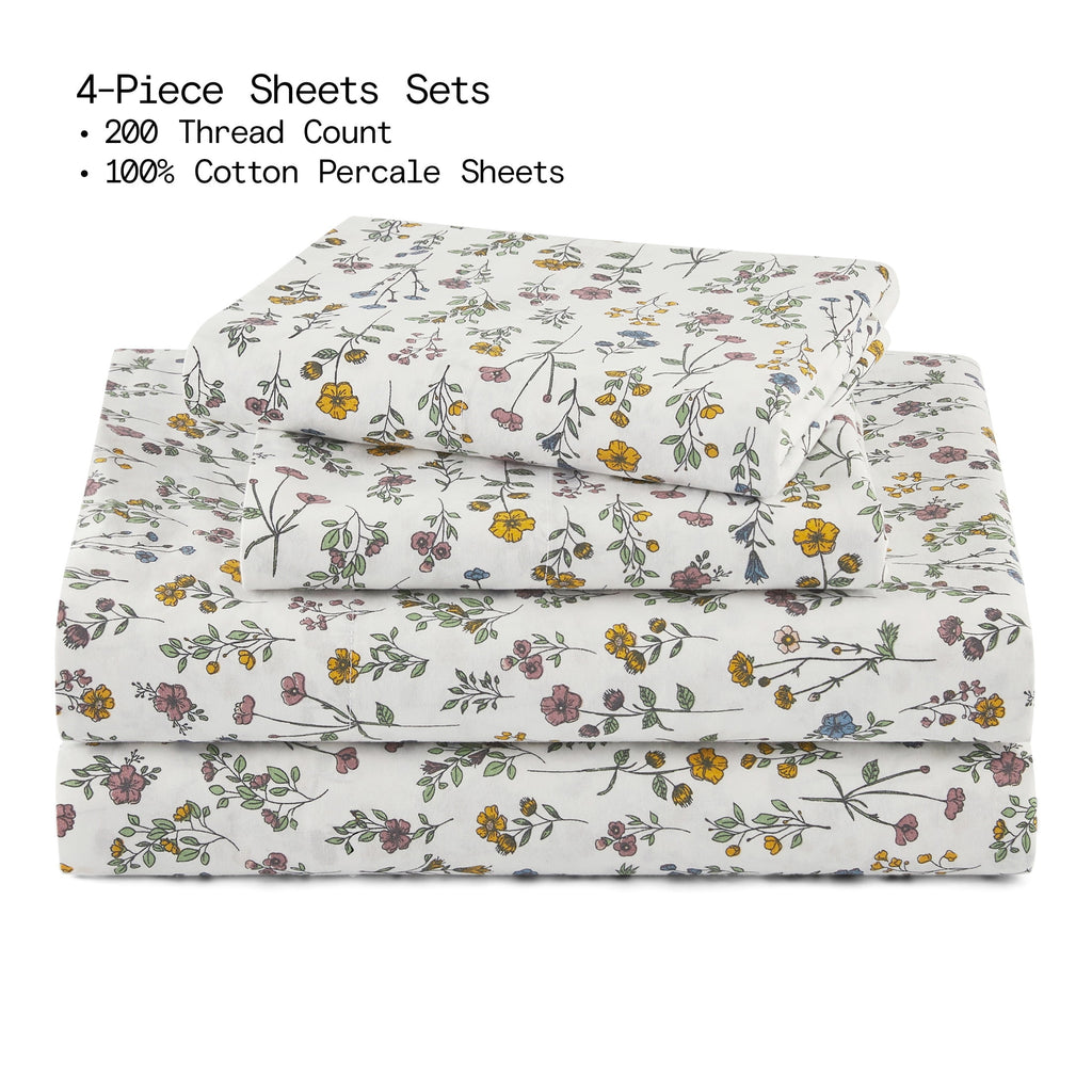 Beautiful Botanical 4-Piece 100% Cotton Washed Percale White Sheet Set, Queen by Drew Barrymore - Image 5
