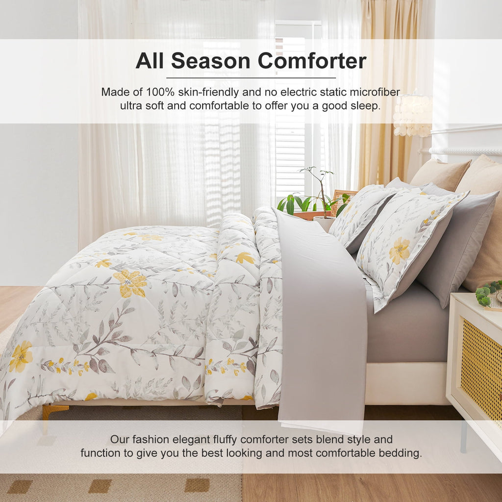 Jessy Home 3 Piece Comforter Set Queen Yellow Floral Quilt Microfiber Patchwork Bedspread - Image 3
