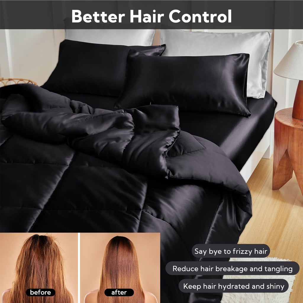 Reversible Satin Microfiber Comforter 3 Pieces Queen Size, Black Queen Comforter Set for All Seasons, Silky Soft Sati... - Image 3