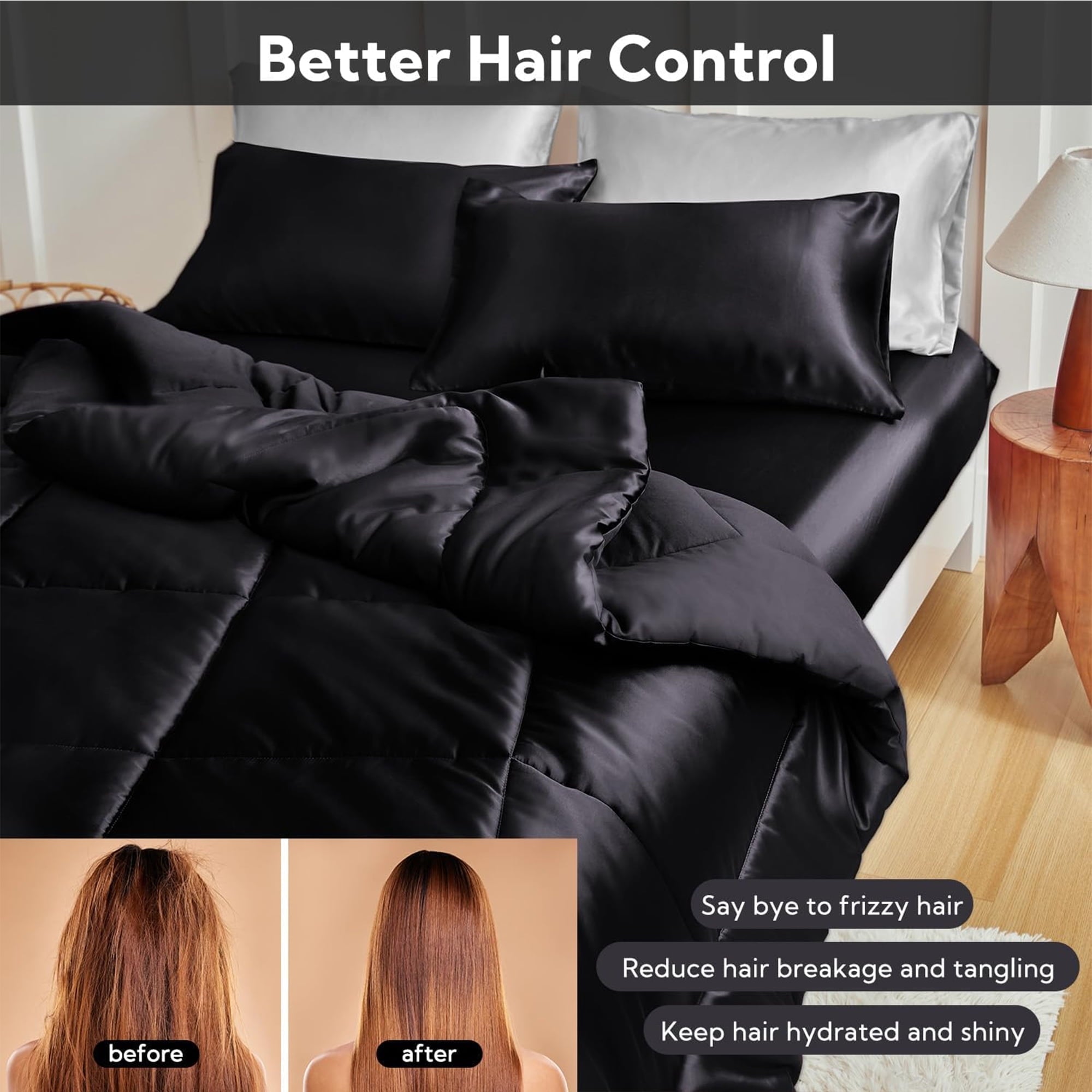 Reversible Satin Microfiber Comforter 3 Pieces Queen Size, Black Queen Comforter Set for All Seasons, Silky Soft Sati... - Image 3