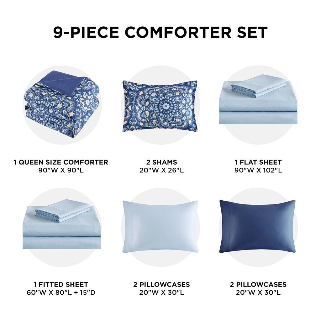 Queen Size Comforter Set, 9-Piece Bed in a Bag Queen, Navy Blue Bedding Comforter Set with Comforter, Flat Sheets, Fi... - Image 4